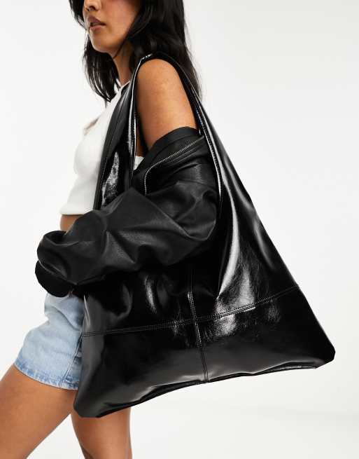 Black Leather-Look Slouchy Tote Bag