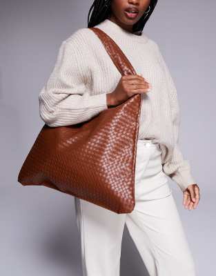 slouchy shoulder tote bag in brown weave