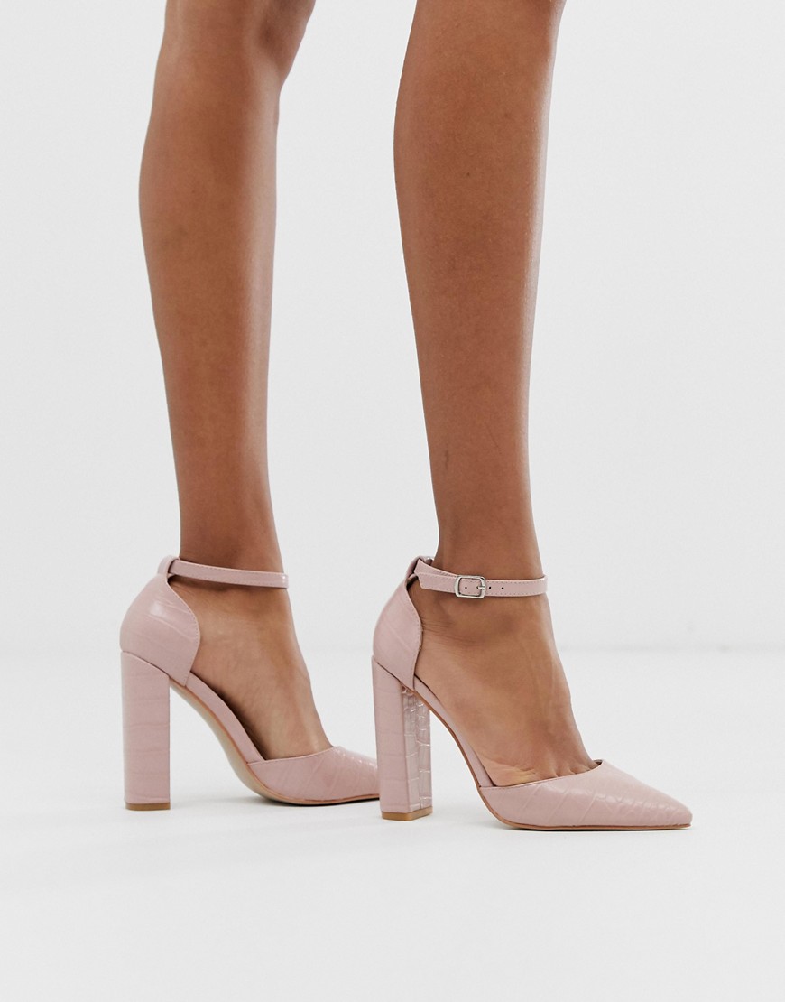 Public Desire Sofia blush croc block heeled shoes-Beige
