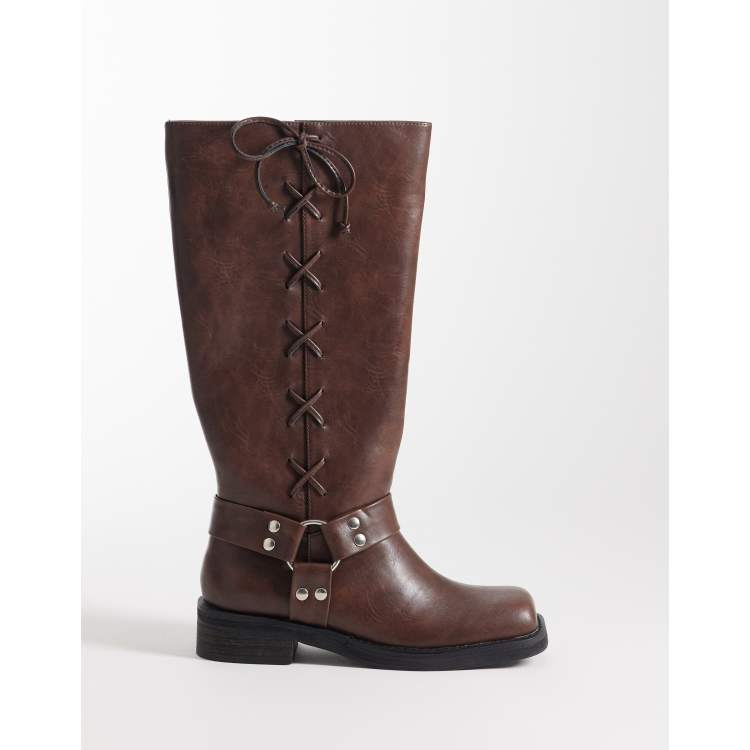 Public Desire Soulful harness knee boots in brown | ASOS