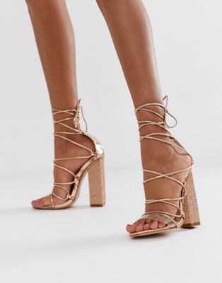 gold lace up block heels