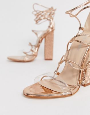 rose gold rhinestone block heels