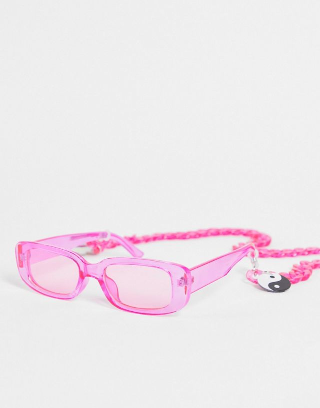 Public Desire square sunglasses with multi charm detachable chain in neon pink