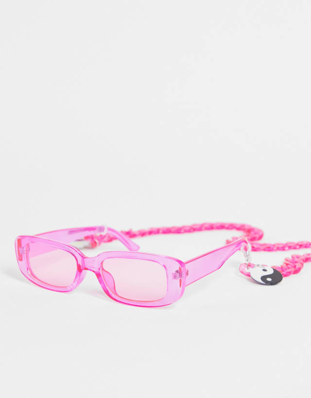 Public Desire square sunglasses with multi charm detachable chain in neon pink