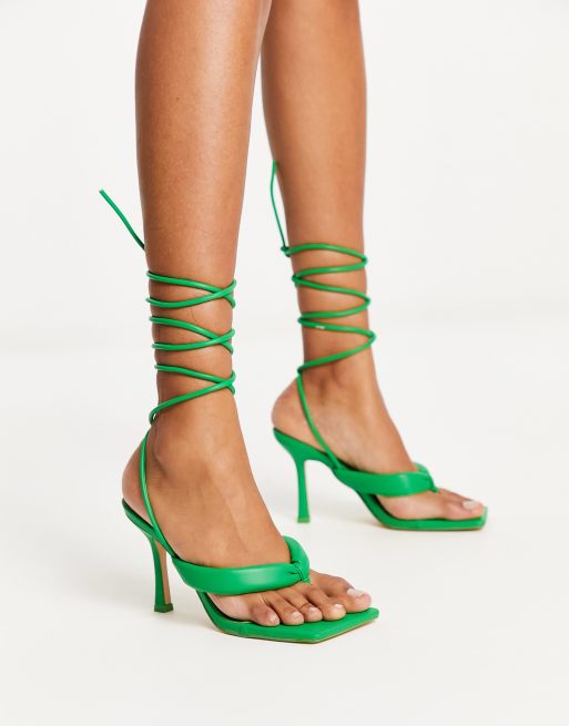 Public Desire square toe tie leg heeled sandals in green ASOS