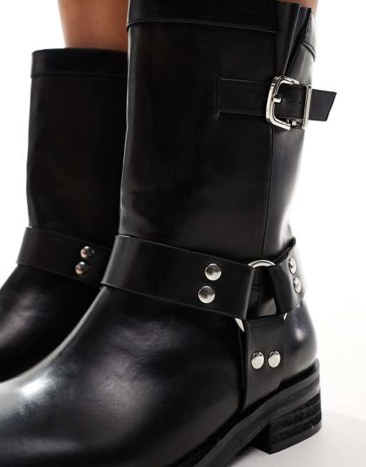 Public Desire Stallion Wide Fit square toe flat ankle boots with harness in black, 4 of 4