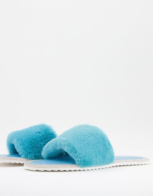 Public Desire Starlight fluffy slippers in turquoise