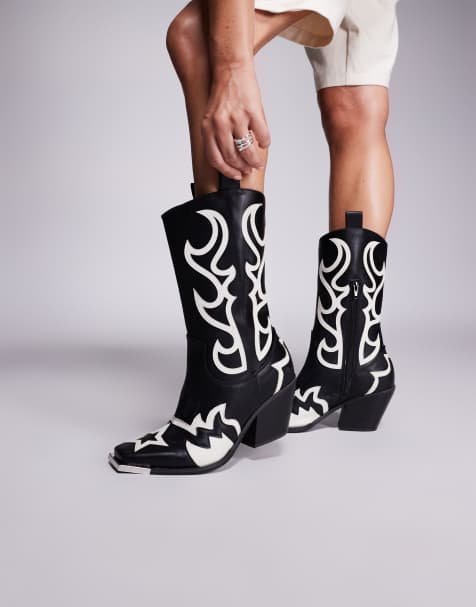 Public Desire Starrie pu metal square toe heeled western cowboy ankle boots in black - view 1