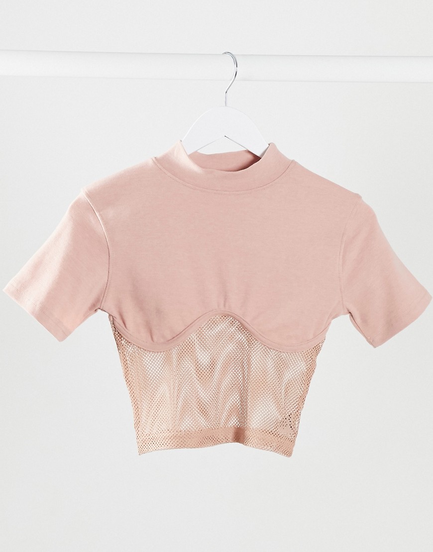 Public Desire structured crop top with mesh panel-Brown