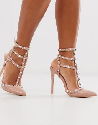 Public Desire Stush studded heeled court shoes in blush-Beige