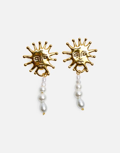 Public Desire Sun detail earring with pearl droplet in gold - view 1