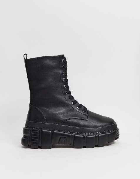 public desire surrender flat lace up chunky boots in black