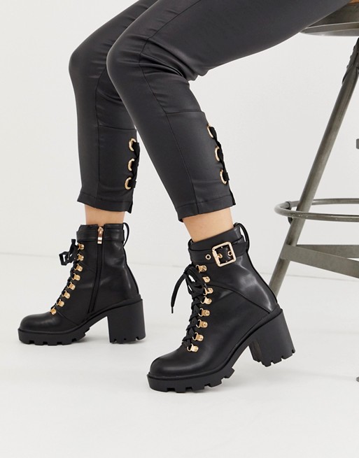 Public Desire Swag black chunky lace up boots with gold hardware