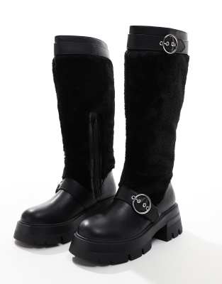 Switch Up fluffy fur knee boots with buckles in black