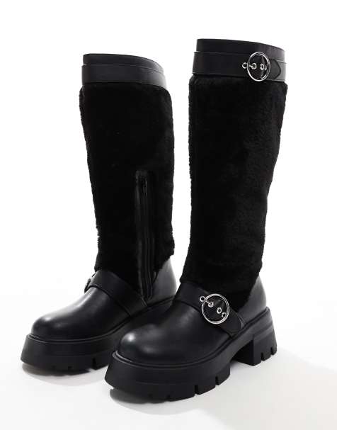 Public Desire Switch Up fluffy fur knee boots with buckles in black - view 1