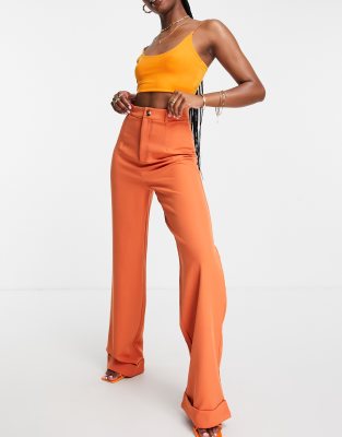 Public Desire Public Desire tailored trousers with turn up detail co ord in rust-Brown