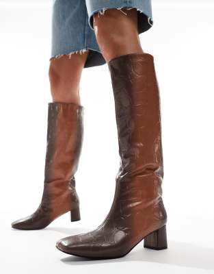 Tamira block heel knee boots in brown ombre croc