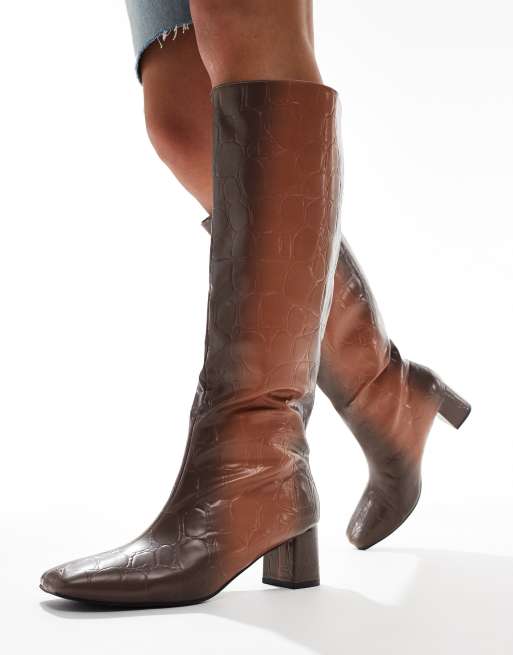 Brown croc knee high boots clearance