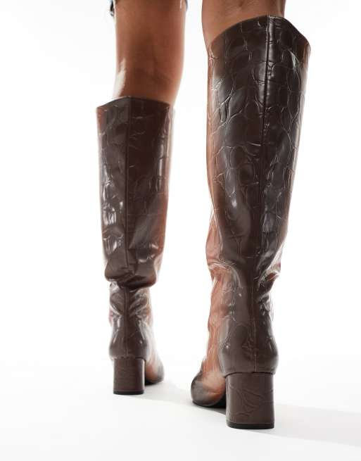 Public Desire Tamira block heel knee boots in brown ombre croc, 3 of 4
