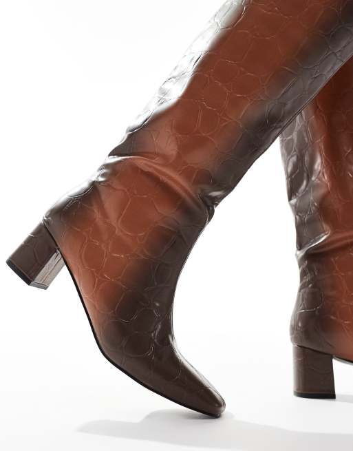 Public Desire Tamira block heel knee boots in brown ombre croc, 4 of 4