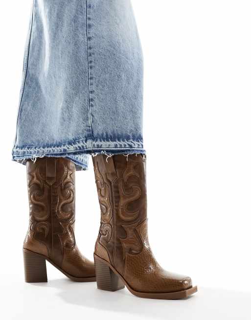 Public Desire - Texas - Stivaletti stile western marrone vintage con stampa pitonata, 3 di 4