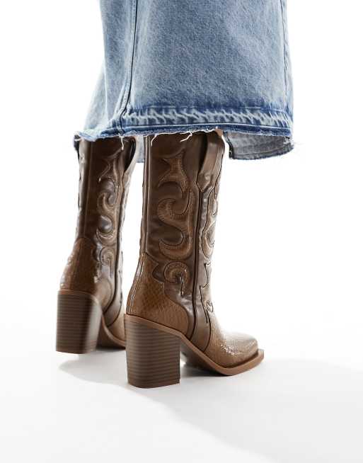 Public Desire Texas western mid ankle boot with snake print in vintage brown ASOS