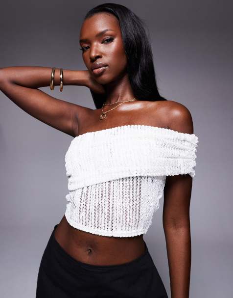 Public Desire Textured foldover one shoulder crop top co ord cream in cream - view 1