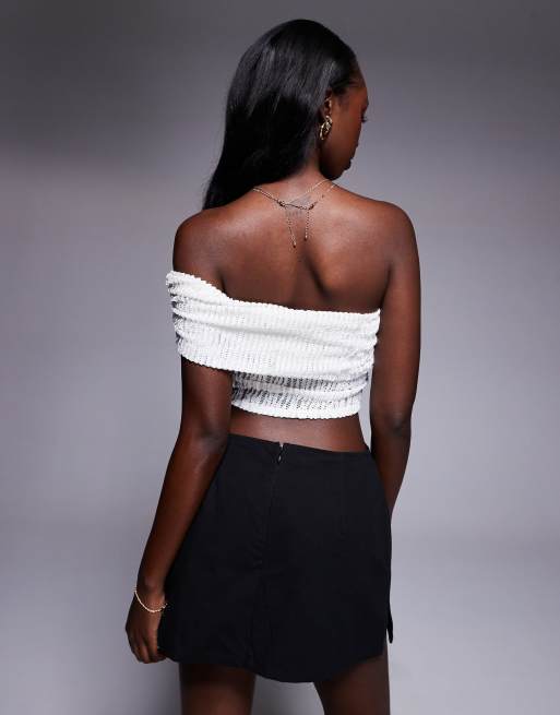 Public Desire Textured foldover one shoulder crop top co ord cream in cream, 2 of 4