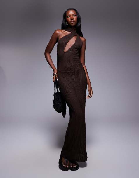 Public Desire Textured scarf detail cut out maxi dress chocolate in chocolate - view 1