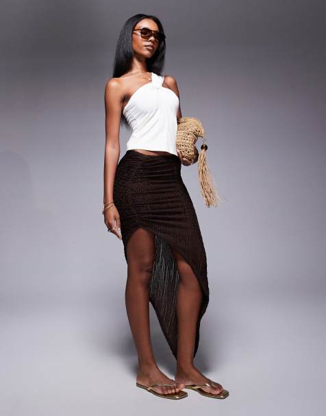 Public Desire Textured split detail midi skirt chocolate in chocolate