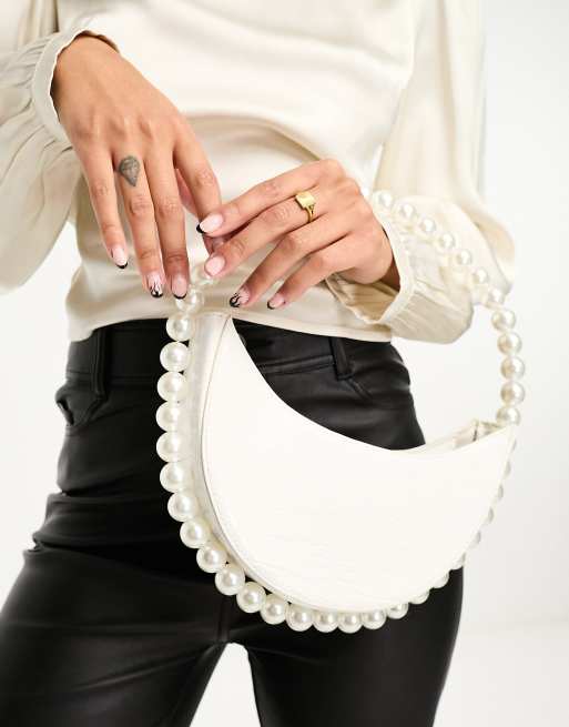 ASOS DESIGN pearl bead heart clutch bag in satin in white