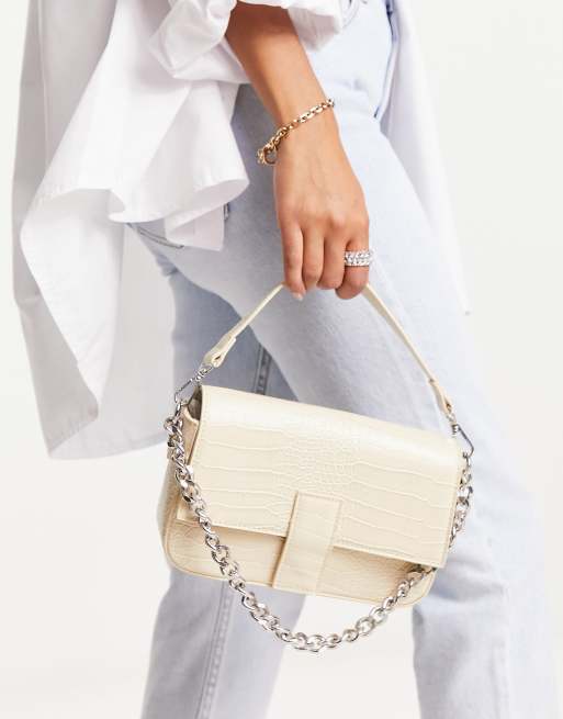 Croc-Effect Chain Strap Crossbody Bag - Chalk