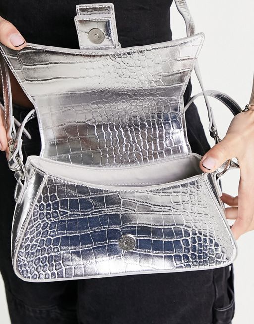 Silver Metallic Pocket Buckle Shoulder Bag