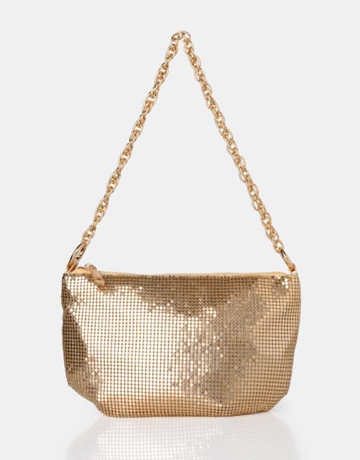 Public Desire The slouch diamante chainmail baguette chain detail shoulder bag in gold