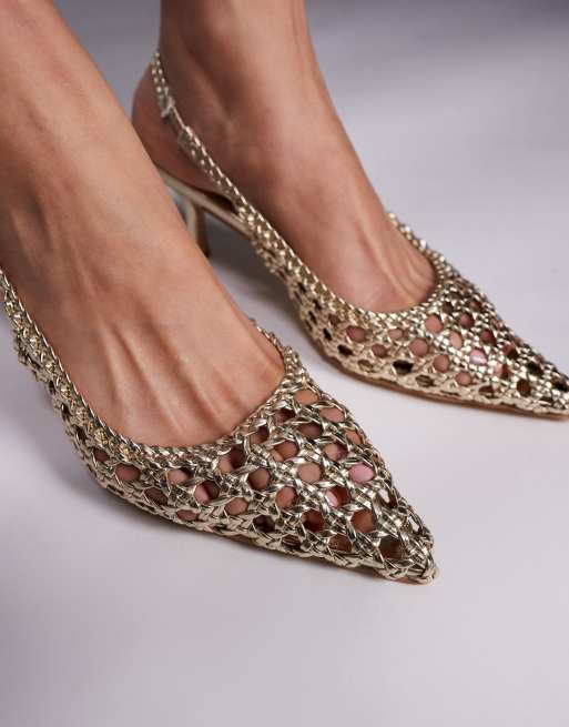 Public Desire Thelma woven slingback heeled shoes in gold, 2 of 4