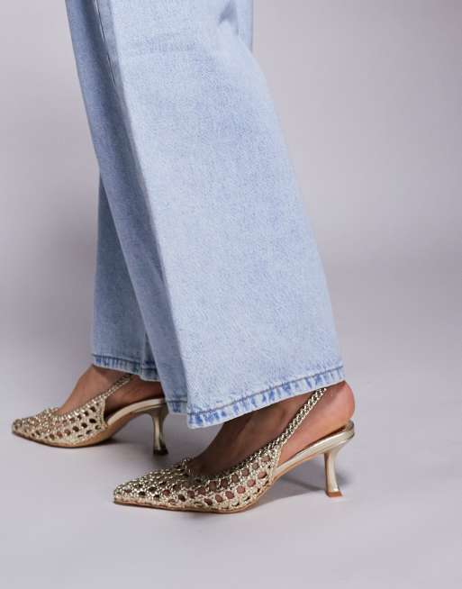 Public Desire Thelma woven slingback heeled shoes in gold, 4 of 4