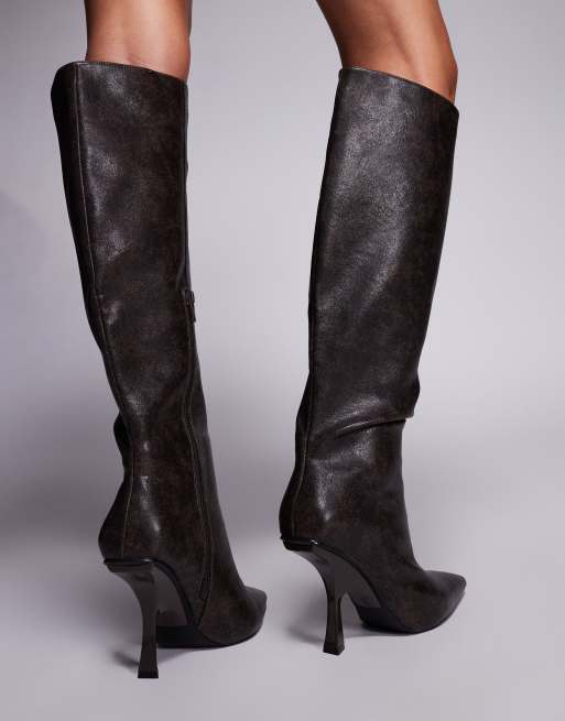 Public Desire Third Date high heeled knee boots in distressed brown