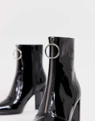 black ring pull zip front patent ankle boot