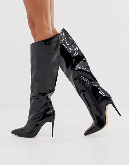 Public Desire Thriller knee high boots in black patent