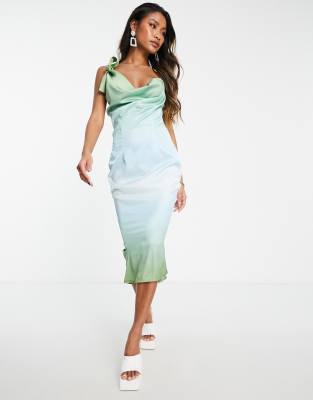 Public Desire Tie Shoulder Satin Slip Dress In Green Ombre-multi