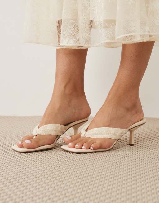 Public Desire toe thong kitten heel sandals in cream textile, 3 of 4