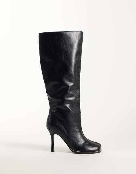 Public Desire Tokyo round toe heeled knee boots in black - view 1