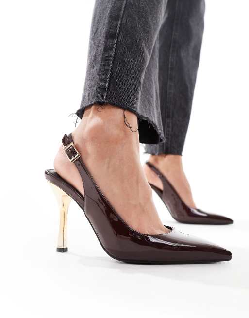 Public Desire - Torrie - Chaussures à bout pointu, bride arrière et talon doré - Marron chocolat, 4 de 4