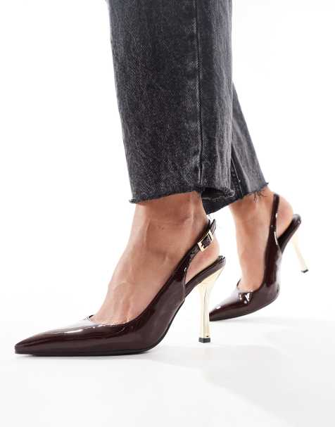 Public Desire Torrie sling back pointed heeled shoes in chocolate brown with gold heel - view 1