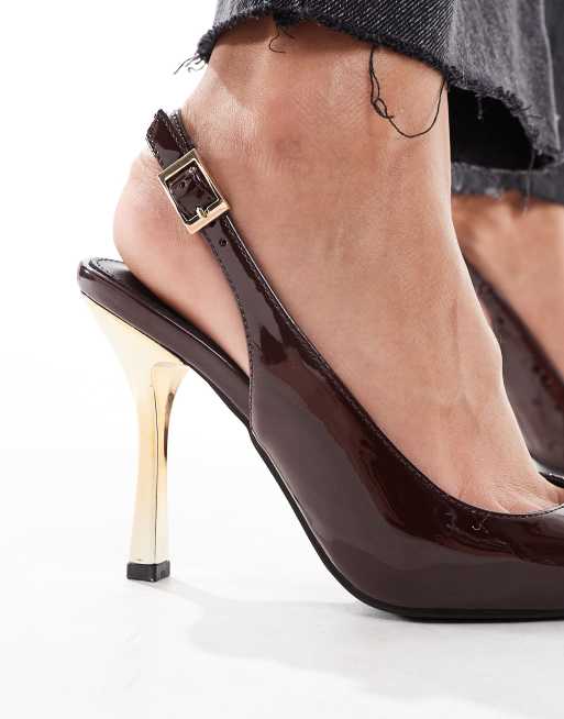 Public Desire - Torrie - Spidse sko med slingback-rem og guldfarvet hæl i chokoladebrun, 2 af 4