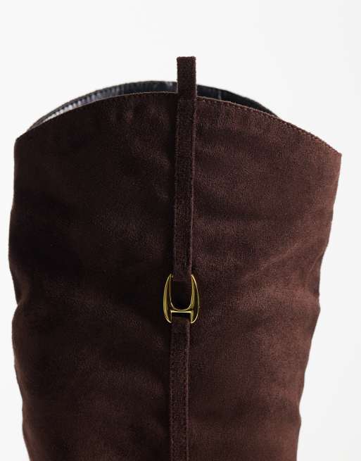 Public Desire Trench riding boots in brown suedette, 3 of 4