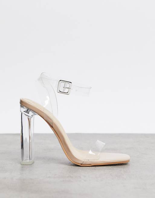 Public Desire Tribute square toe clear heeled sandals in beige | ASOS