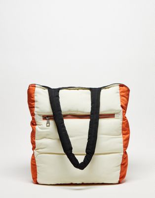 Public Desire Triton tote bag with front pocket in stone with orange trim - ASOS Price Checker