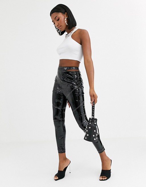 Public Desire trousers with cut out hip and contrast stitching in vinyl