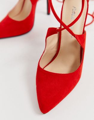 red ankle tie shoes